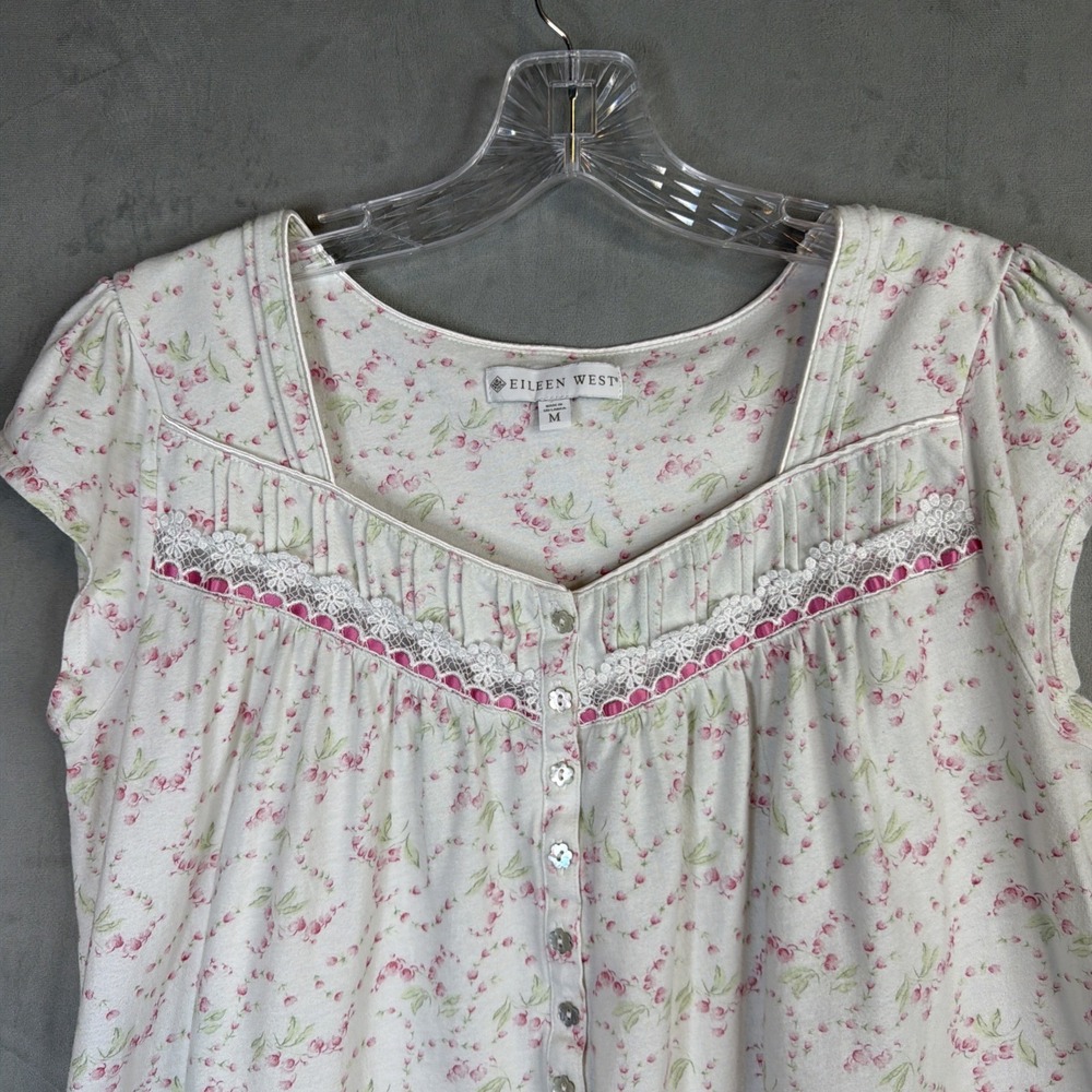 Eileen West Floral Nightgown Womens M White Pink Cottagecore Cotton Sleepwear - Picture 3 of 8
